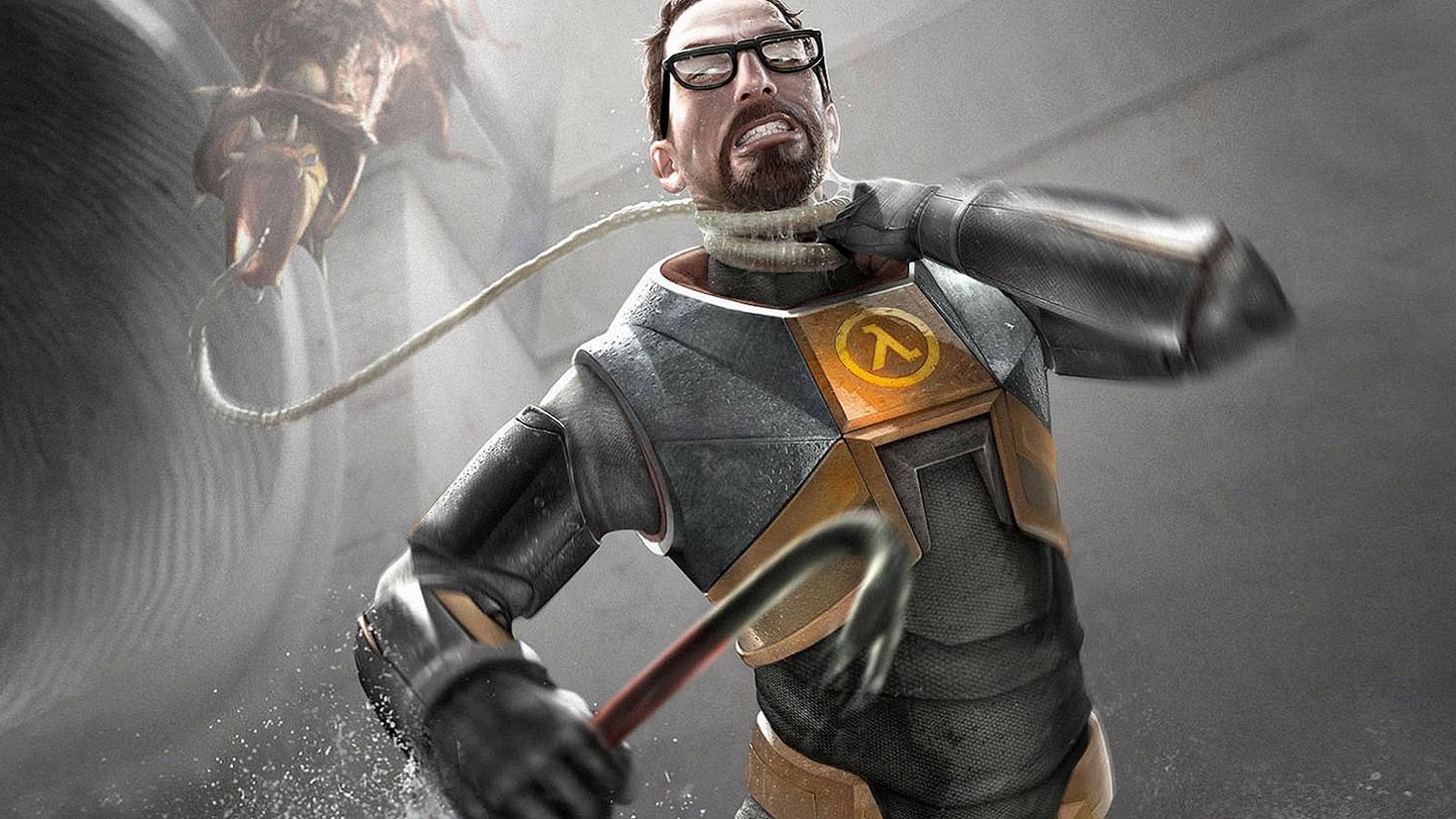 Image from Half-Life 2 showing Gordon Freeman getting strangled by a barnacle.