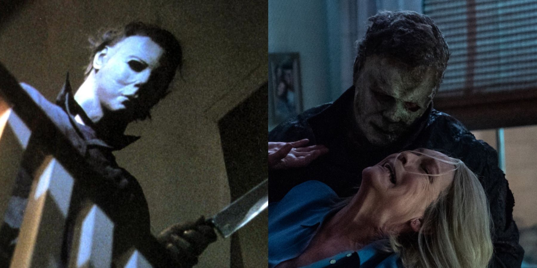 Split image of Michael Myers in Halloween (1978) and with Laurie Strode in Halloween Ends