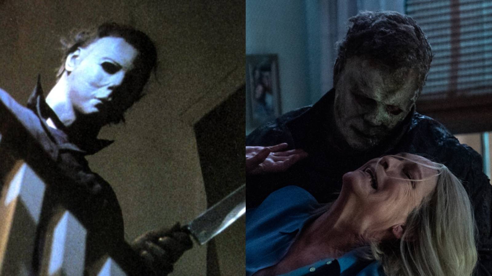 Split image of Michael Myers in Halloween (1978) and with Laurie Strode in Halloween Ends