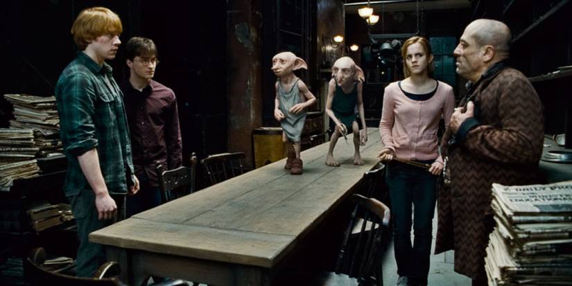 Harry Potter, Ron, Hermione, Dobby, Kreacher and Mundungus Fletcher