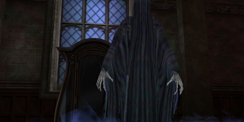 A dark-hooded figure with pale hands hovering in front of a chair in front of a window in a dark room. Image source: mobygames.com 
