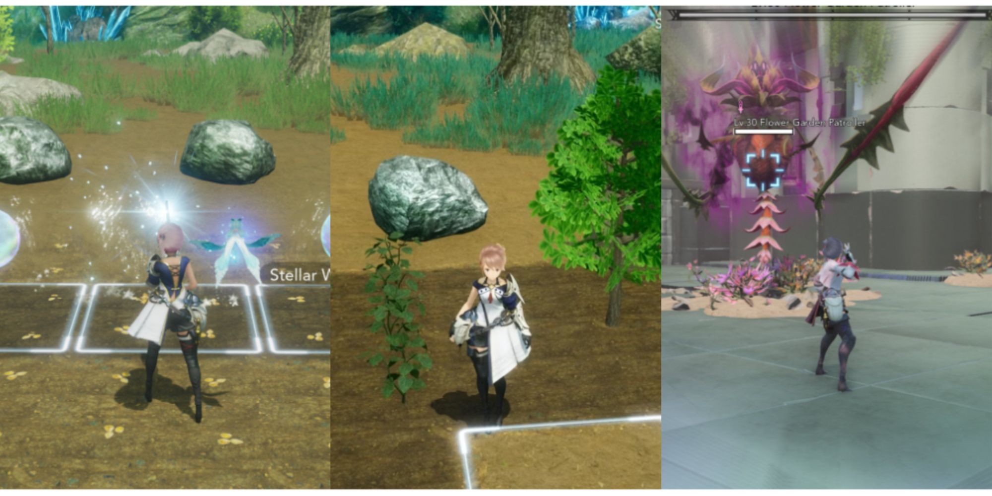 split image of the protagonist planting her crops, standing in her field, and fighting a monster in Harvestella