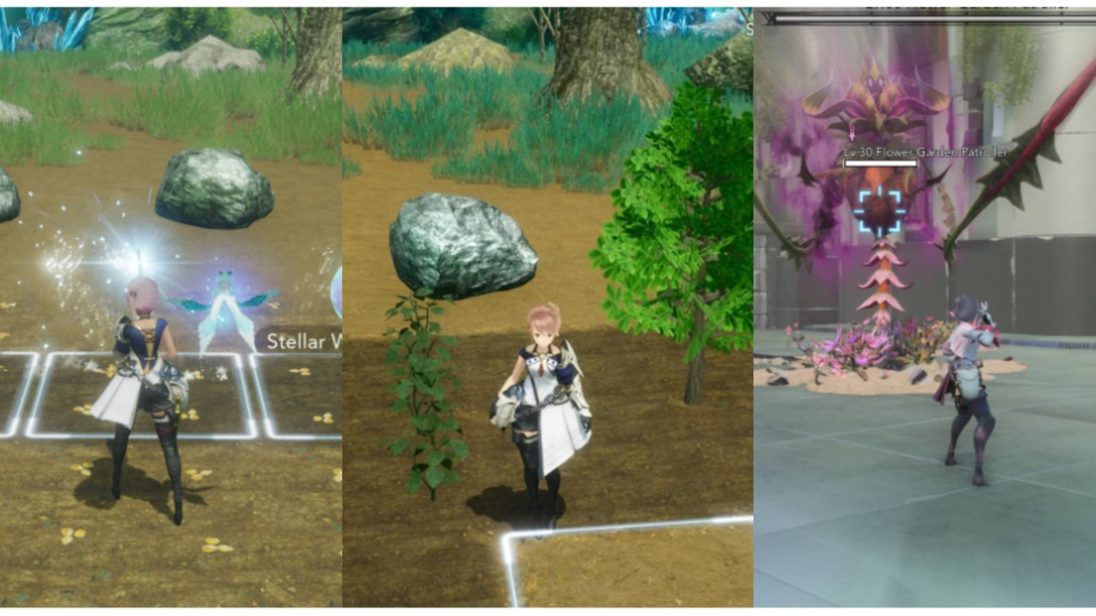 split image of the protagonist planting her crops, standing in her field, and fighting a monster in Harvestella