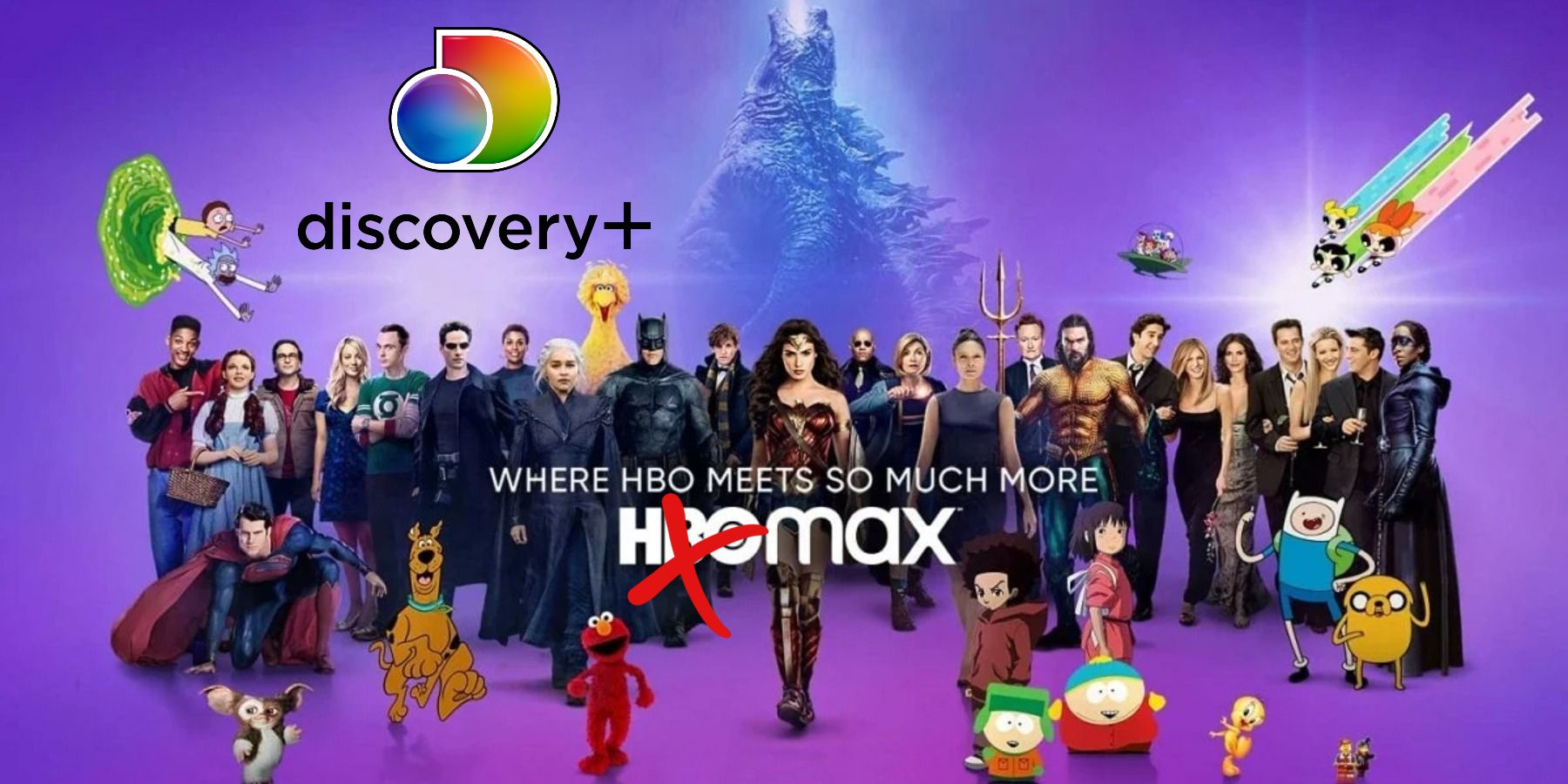 HBO Max promo image with HBO crossed out and Discovery Plus logo