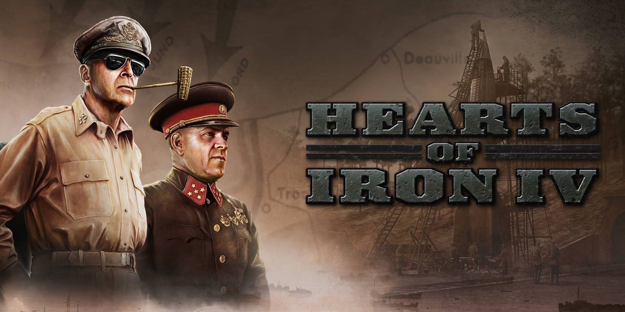 Hearts of Iron 4 Generals pose next to the Hearts of Iron symbol