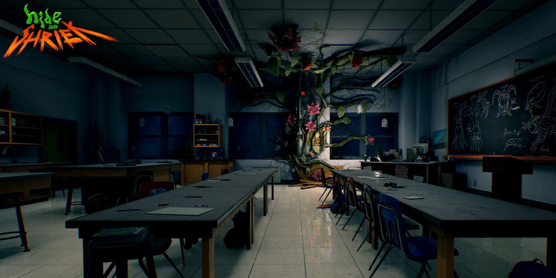 Hide and Shriek title and dark classroom with monstrous plant growth
