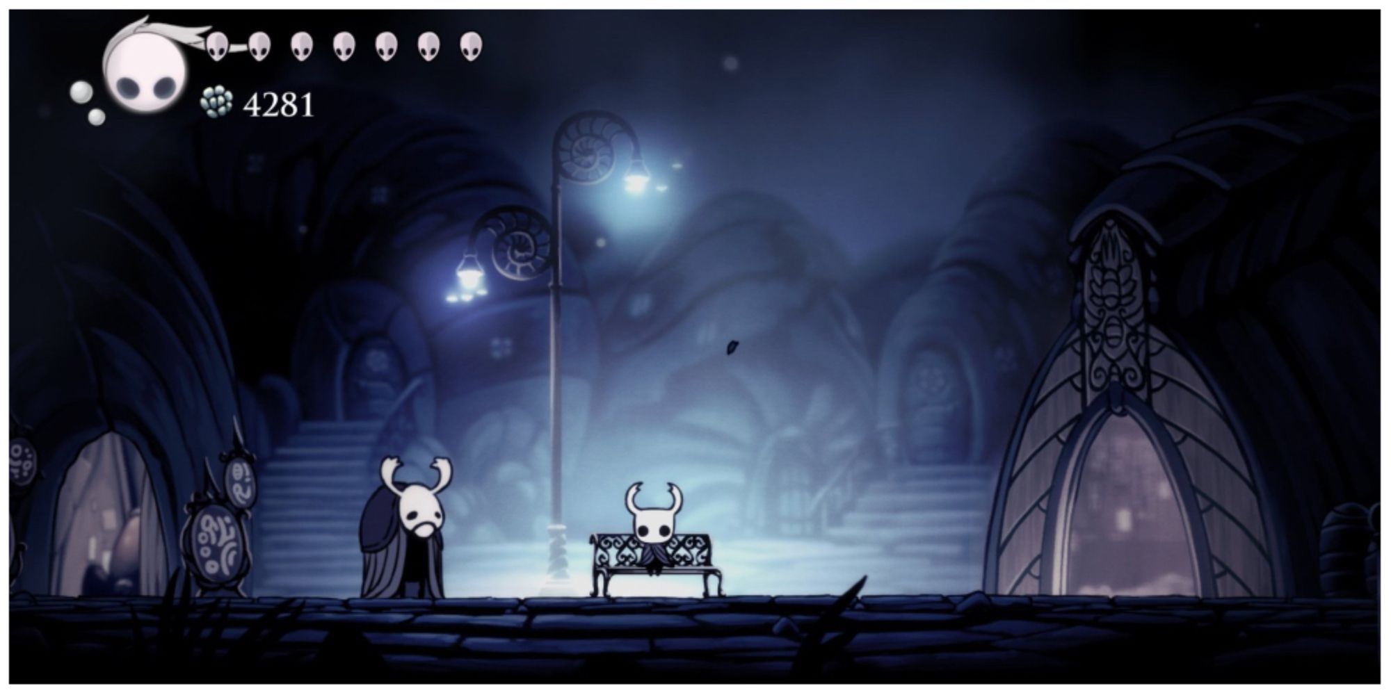 the bench outside Dirtmouth in Hollow Knight