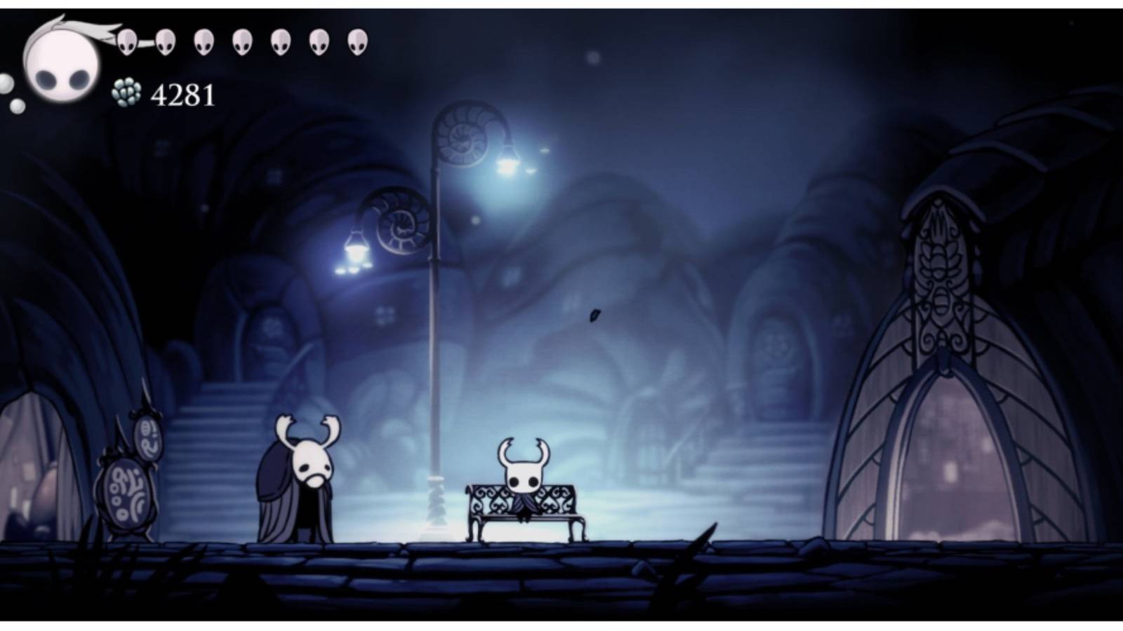 the bench outside Dirtmouth in Hollow Knight