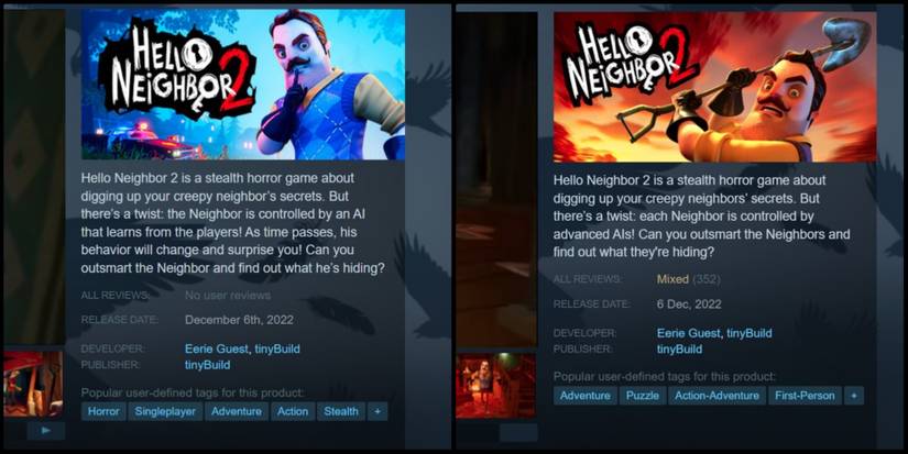 a comparison of the Hello Neighbor 2 steam description, showing the changes that were made