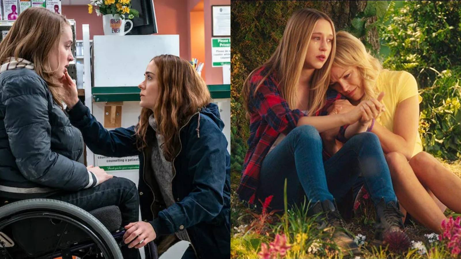 Split image of Chloe and Diane Sherman in Run and Max and Amanda Cartwright in The Final Girls