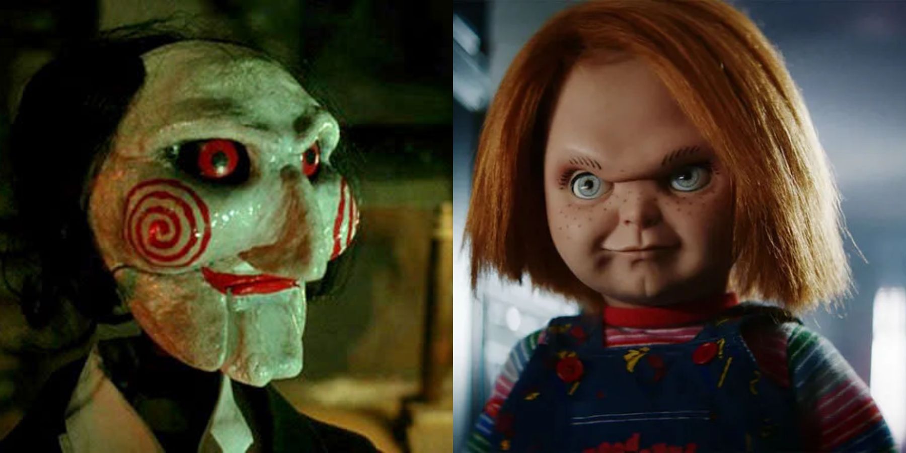 Split image of John Kramer/Jigsaw in Saw and Chucky in Child's Play