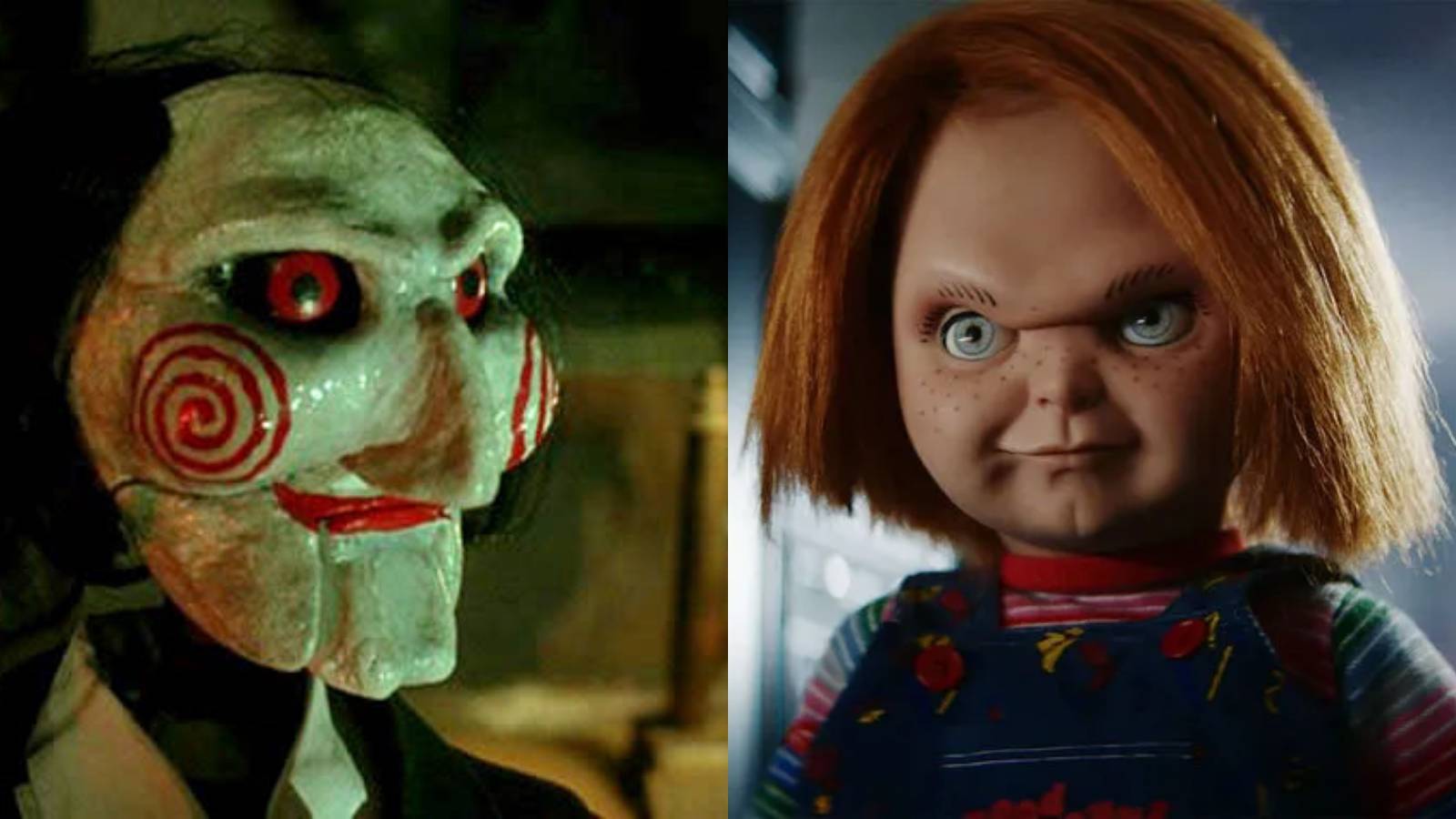 Split image of John Kramer/Jigsaw in Saw and Chucky in Child's Play