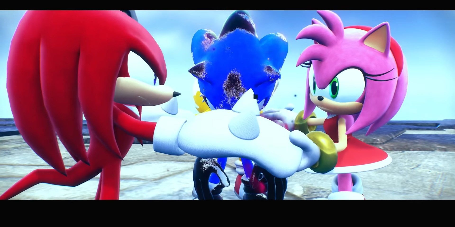 Sonic's friends hug around a wounded Sonic