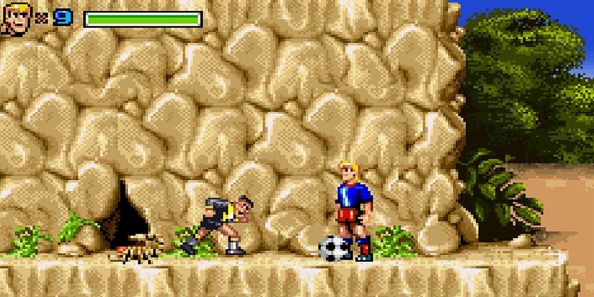 Hurricanes SNES gameplay in sidescrolling cave entrance, teens with soccer ball