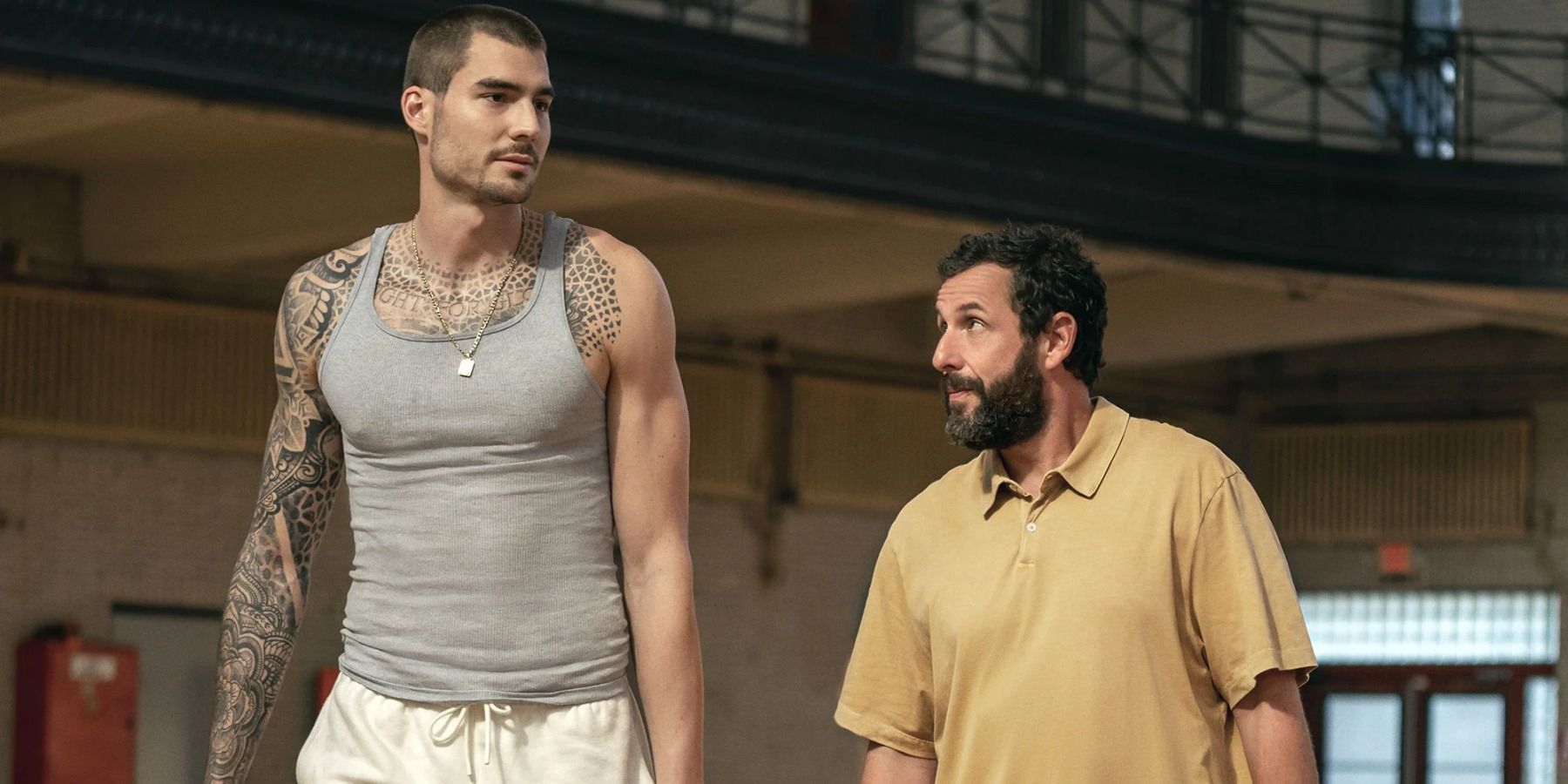 Juancho Hernangomez and Adam Sandler in Netflix's Hustle