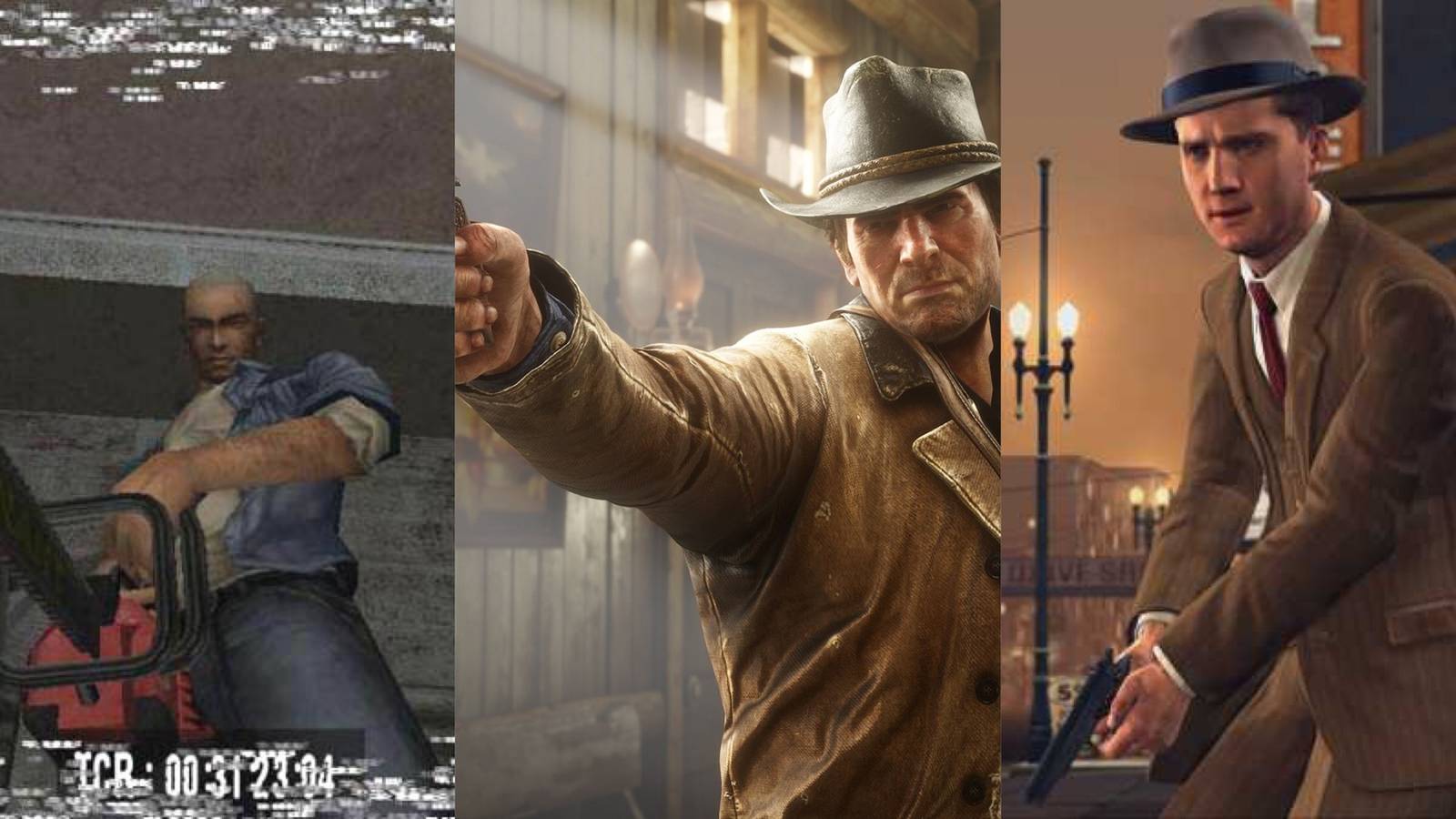 manhunt james earl cash (left) red dead redemption 2 arthur morgan (center) la noire cole phelps (right)