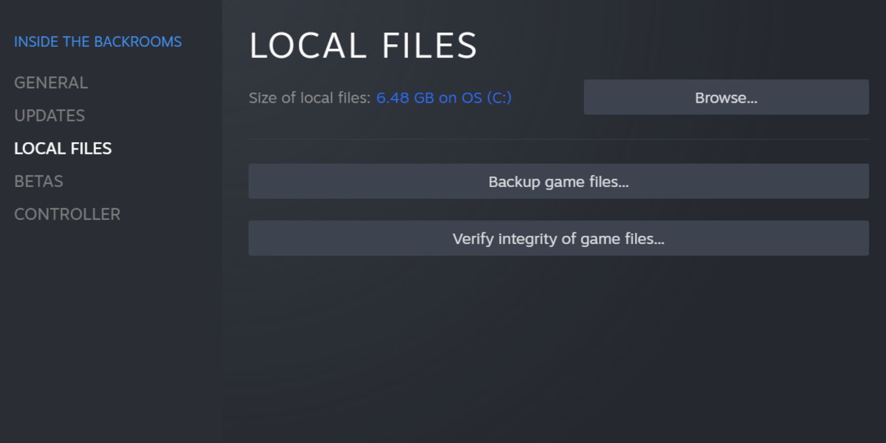 Inside the Backrooms accessing Local Files on the Steam app