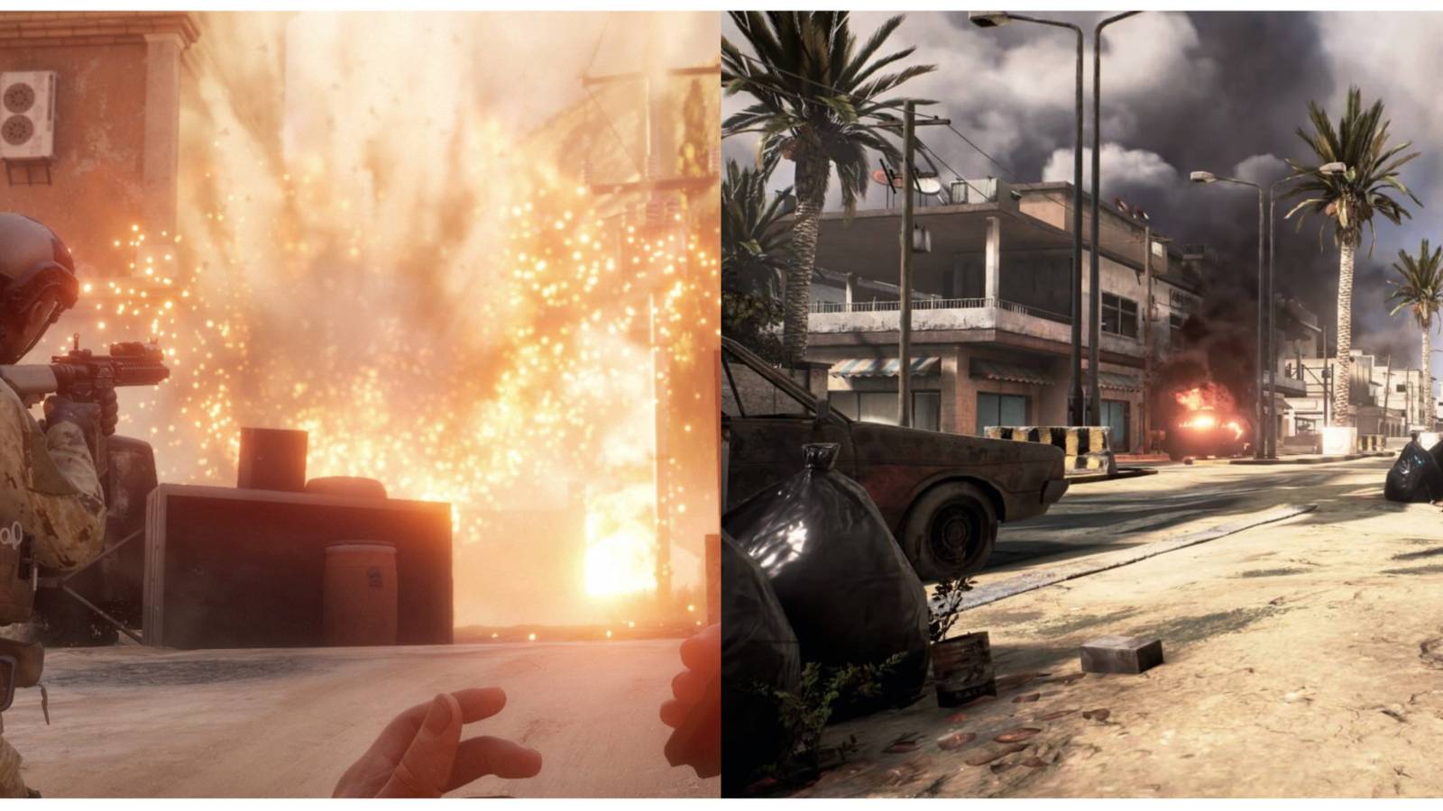 split image of an air strike and a war torn street in Insurgency: Sandstorm