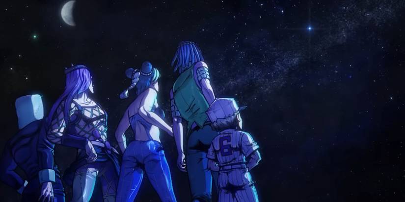 The cast of jojo part 6 stone ocean staring up at a starlit sky