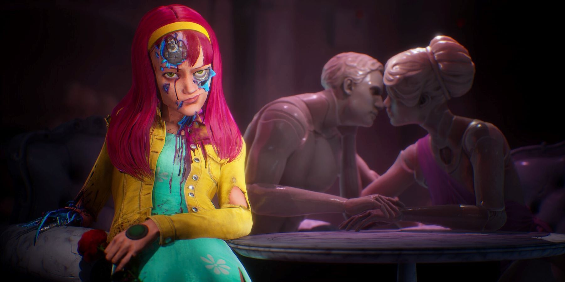 Screenshot from the Judas reveal trailer with a pink-haired android character