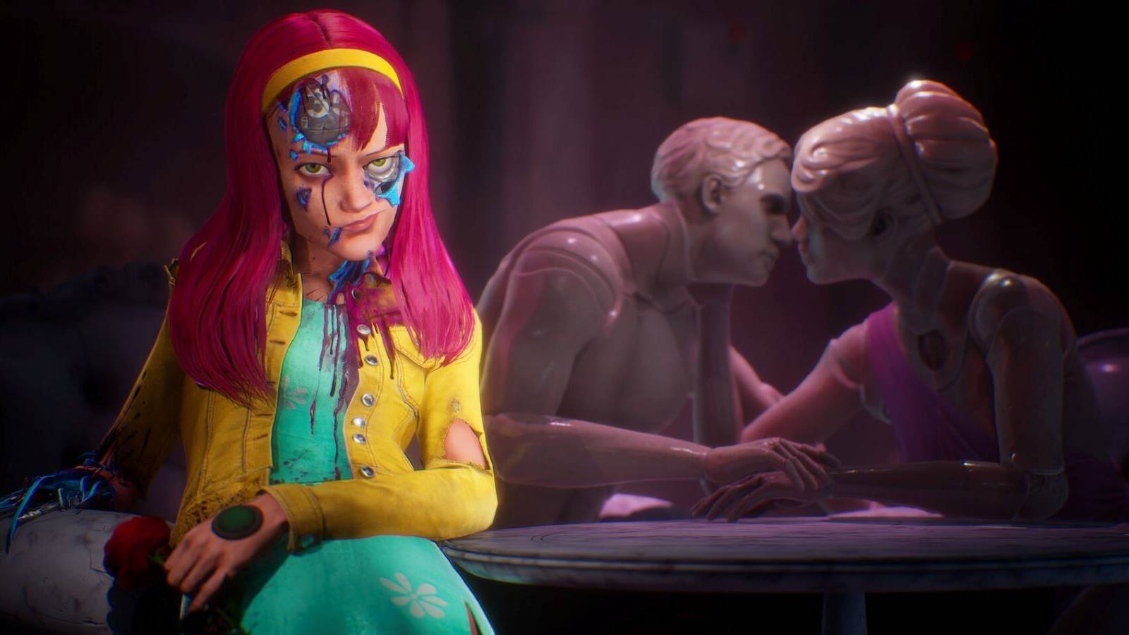 Screenshot from the Judas reveal trailer with a pink-haired android character