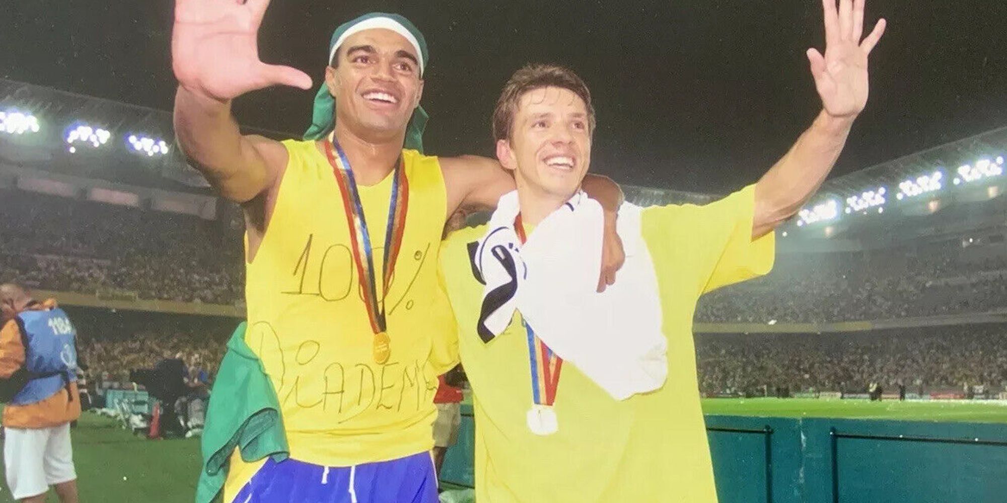 Juninho Celebrating Brazil's World Cup Win With Denilson