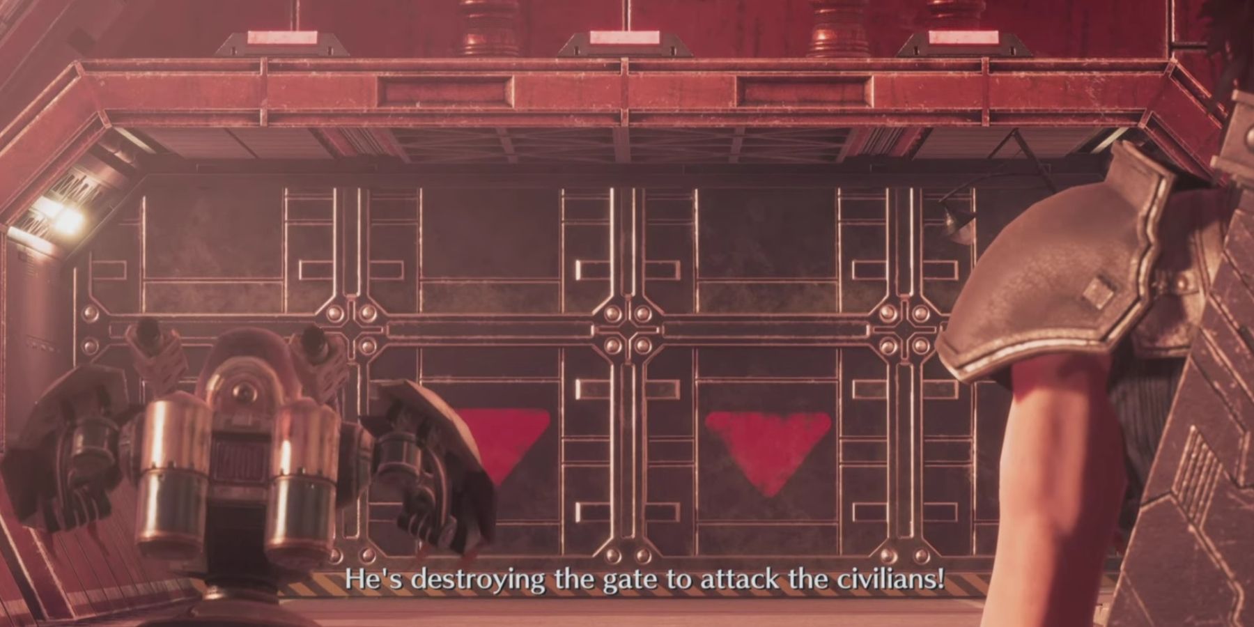 A machine destroys a gate in Junon in Crisis Core: Final Fantasy 7 Reunion