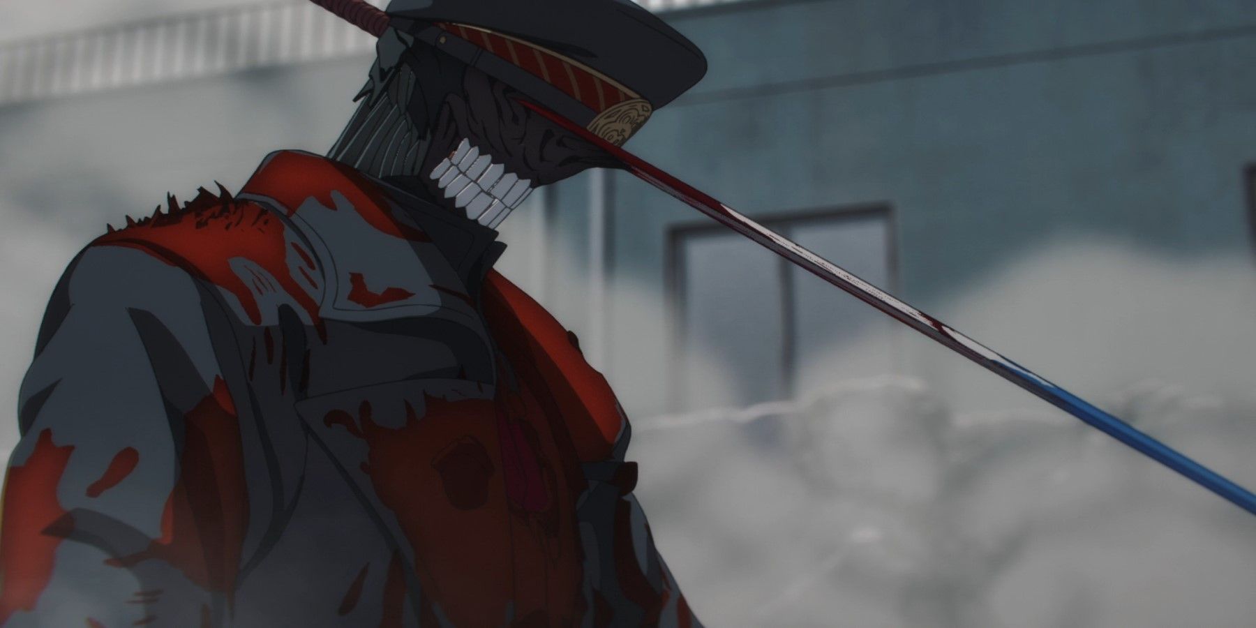Katana Man standing with smoke in the background