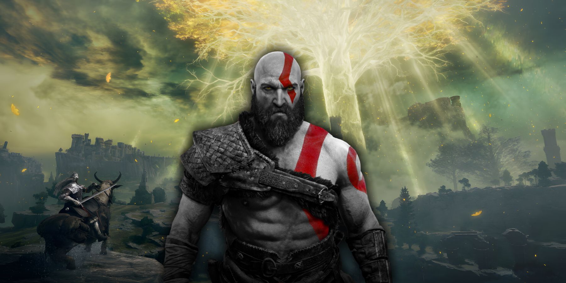 Image of Kratos over Elden Ring artwork