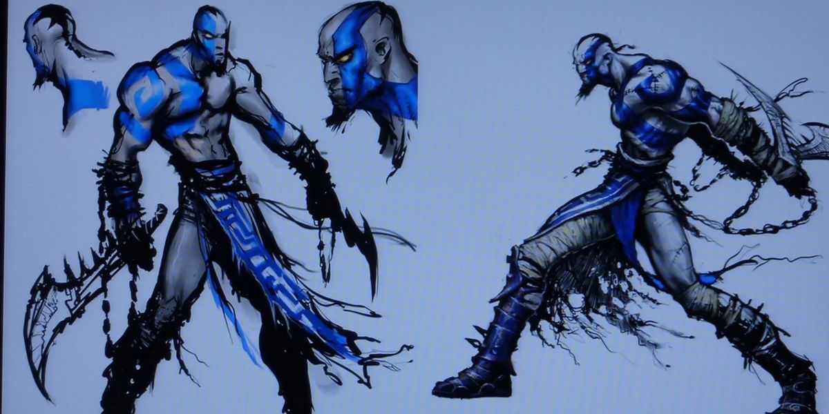 Kratos with blue tattoos in God of War