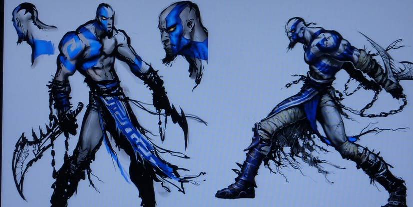 Kratos with blue tattoos in God of War