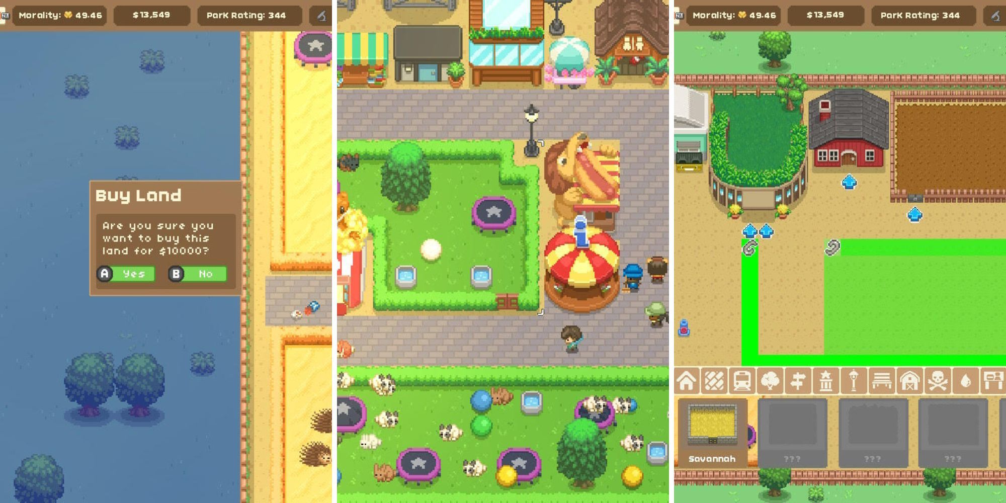 A grid of images showing player's buying land, visitors walking and building enclosures in Let's Build A Zoo