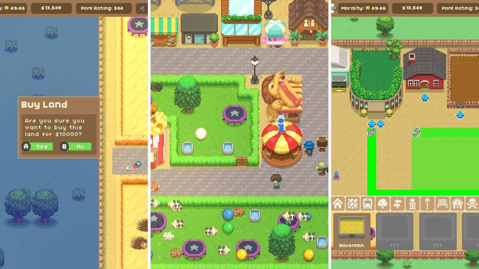 A grid of images showing player's buying land, visitors walking and building enclosures in Let's Build A Zoo