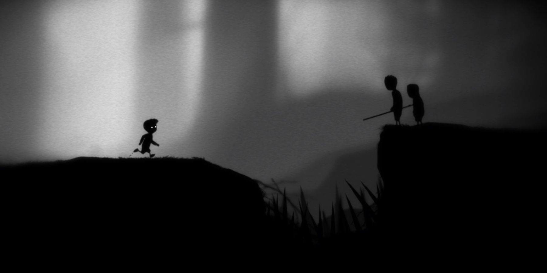 limbo player character running towards pit of spikes and enemies 
