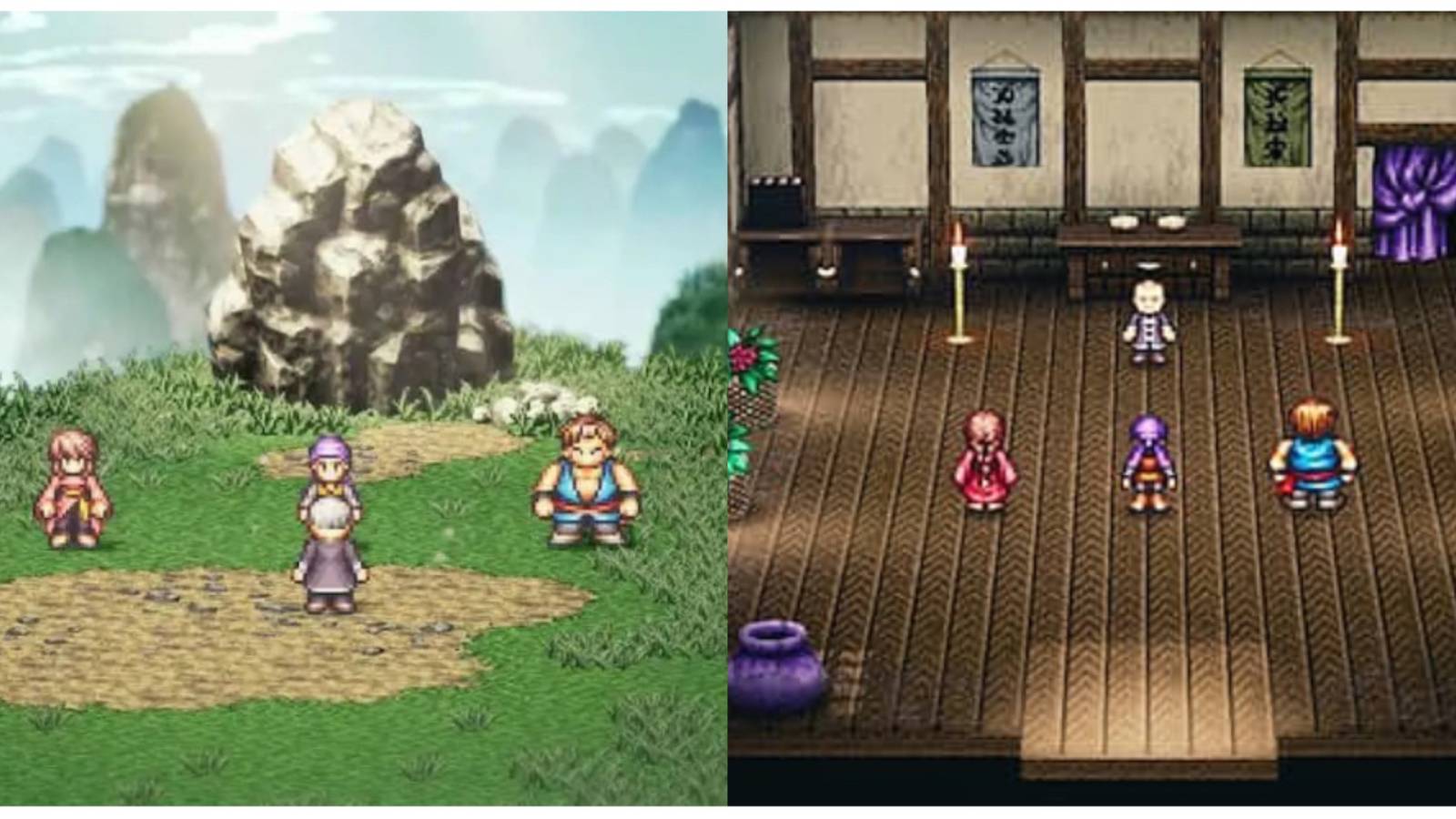 split images of Earthen Heart Shifu with his three disciples in Live A Live