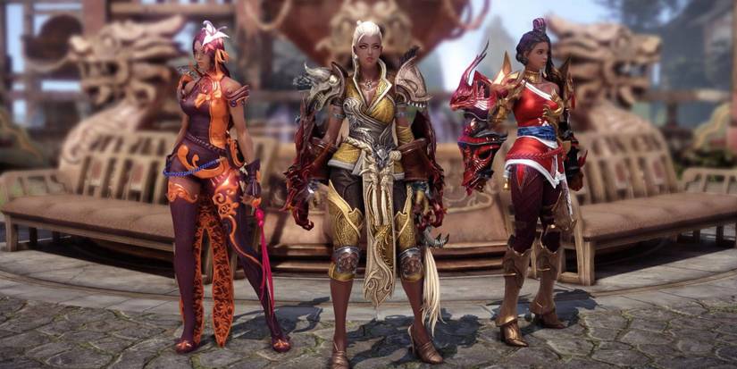 Three players standing in front of a fountain in Lost Ark