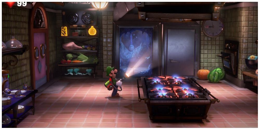 Luigi in the kitchen in Luigi's Mansion 3