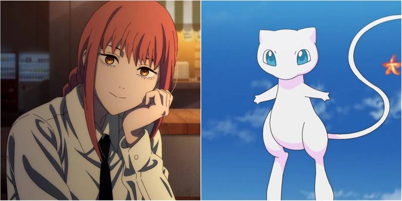 Two-way split grid of Makima from Chainsaw Man and Mew from Pokemon