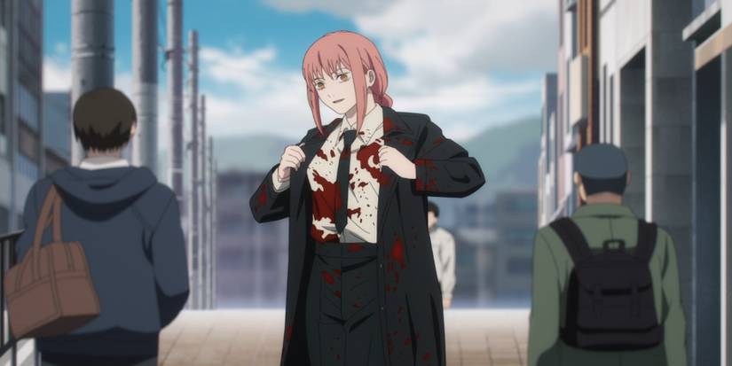 Makima tugging bloodied clothes