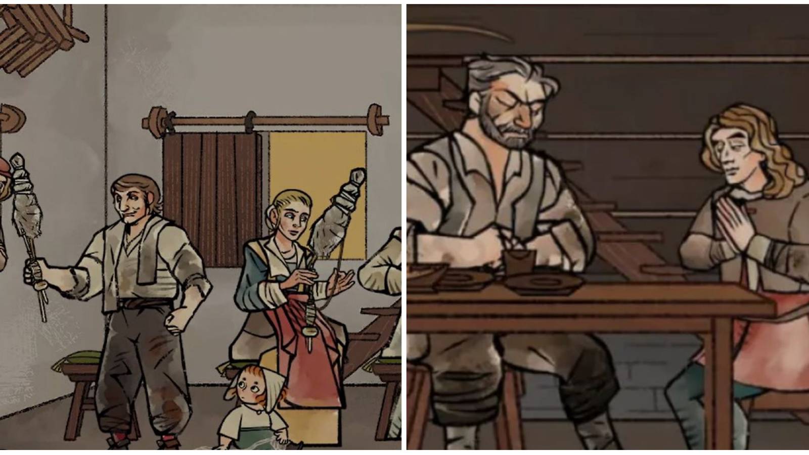 spinning wool and having dinner