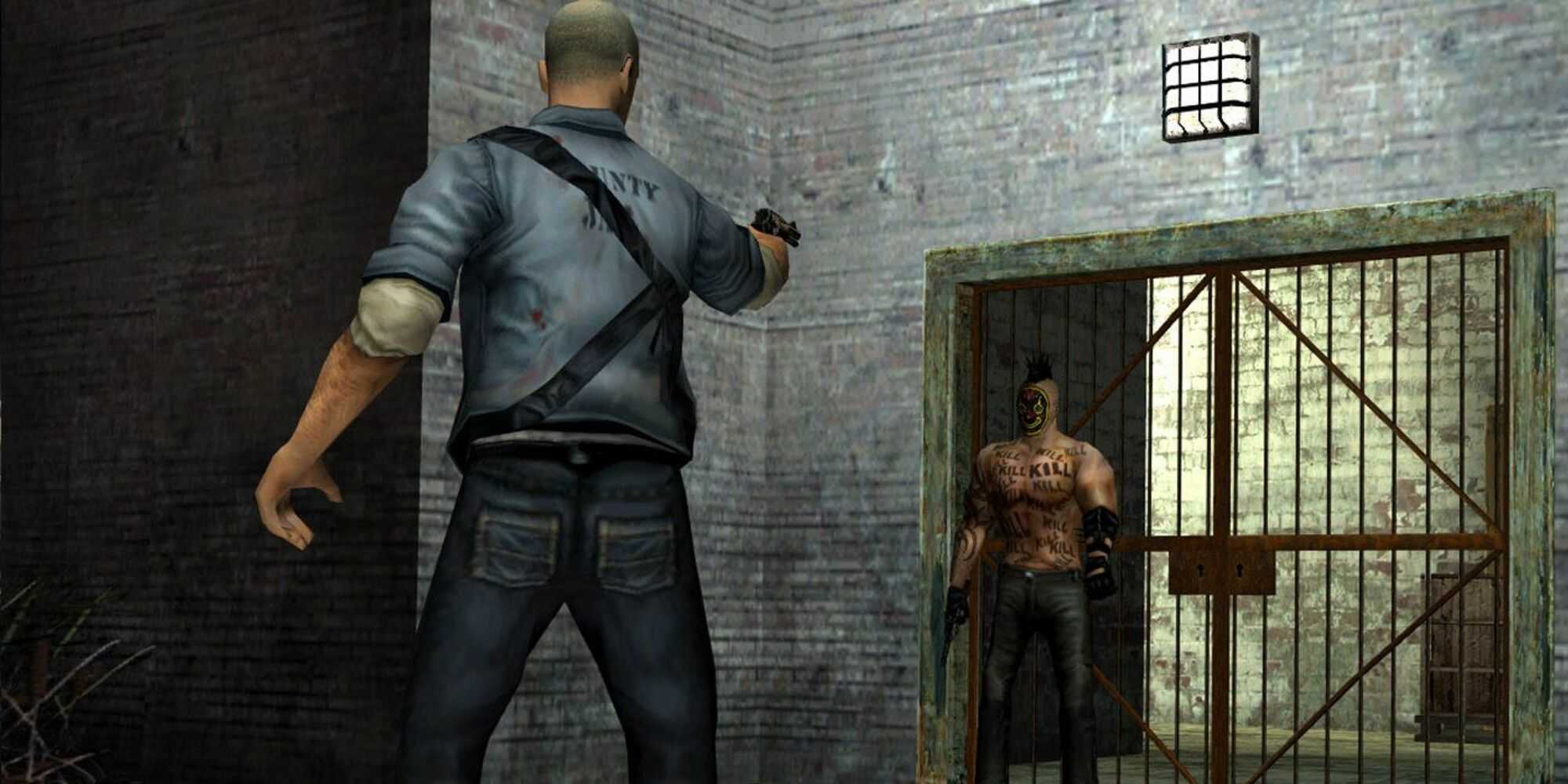 James aiming a gun at a man covered in tattoos, standing between James and a door,