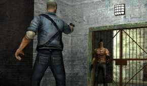 James aiming a gun at a man covered in tattoos, standing between James and a door,