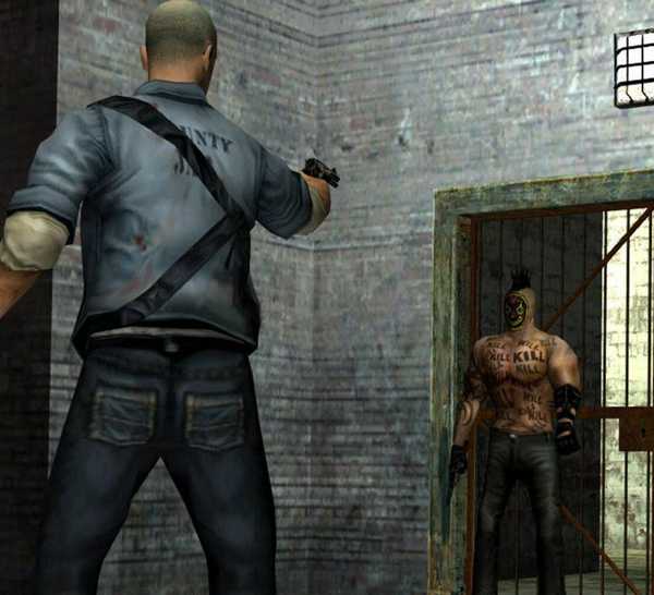 James aiming a gun at a man covered in tattoos, standing between James and a door,