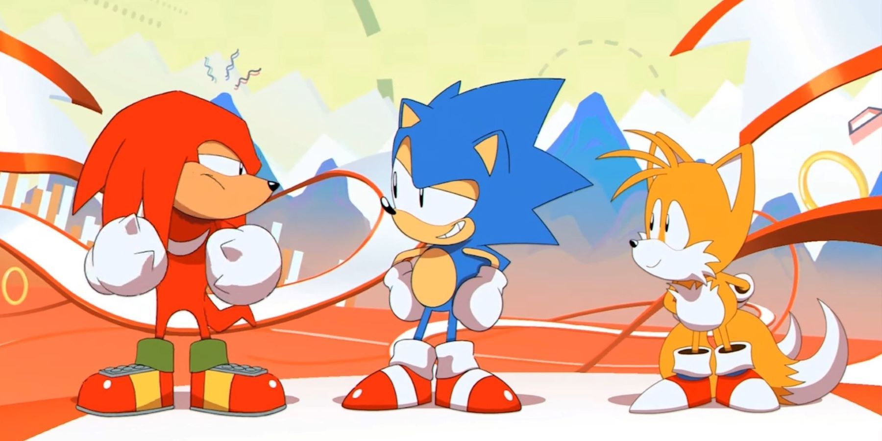 Knuckles, Sonic, and Tails in a Sonic Mania trailer