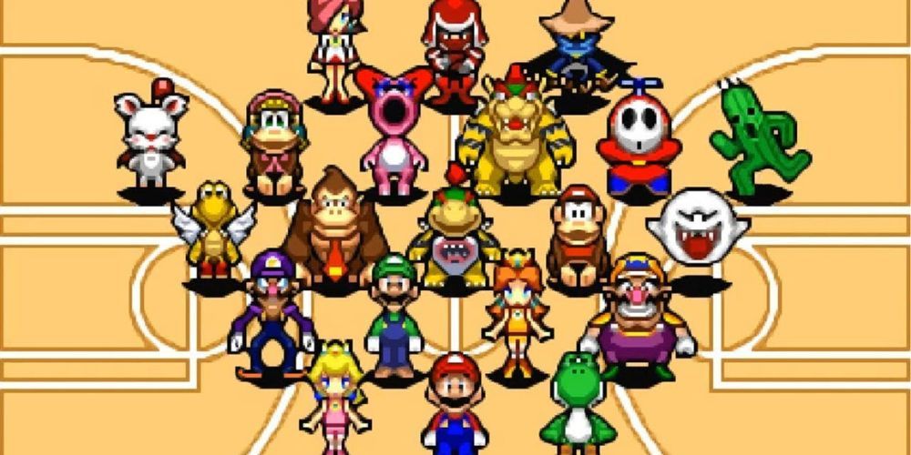 Characters on basketball court in Mario Hoops 3-on-3