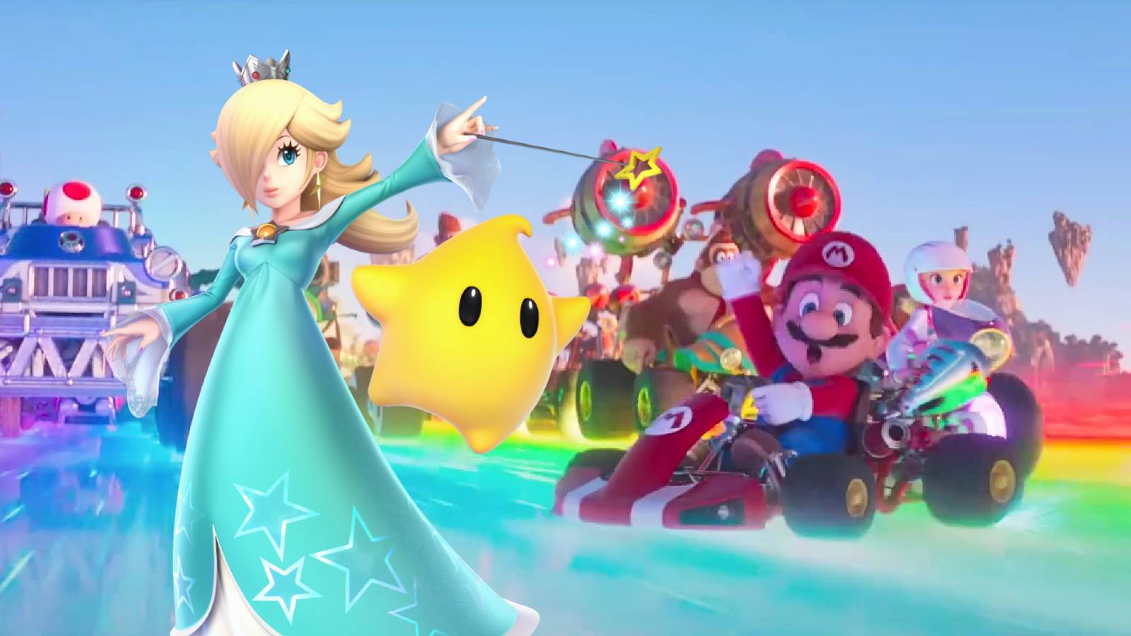 Mario Kart scene in the Super Mario movie with Rosalina and Luma cutout