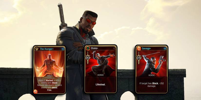 Marvel Midnight Suns - Blade's Best Card Upgrades Over Image Of Blade Leaning Against Wall In Daytime In Cutscene