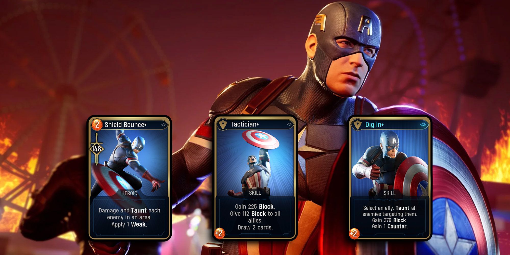 Marvel Midnight Suns - Captain America's Best Card Upgrades Over Image Of Cap Looking Off Camera In-Game