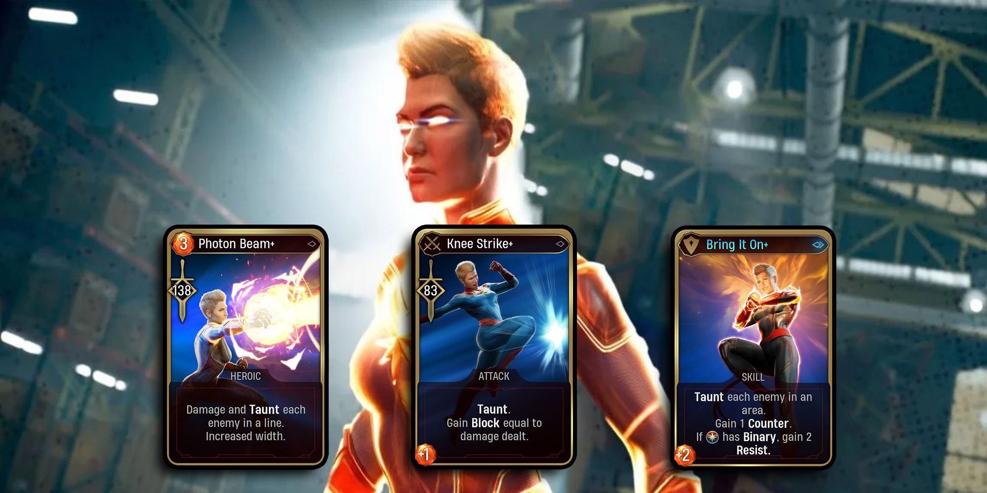 Marvel Midnight Suns - Captain Marvel's Best Card Upgrades Over Image Of Her Going Binary In Cutscene