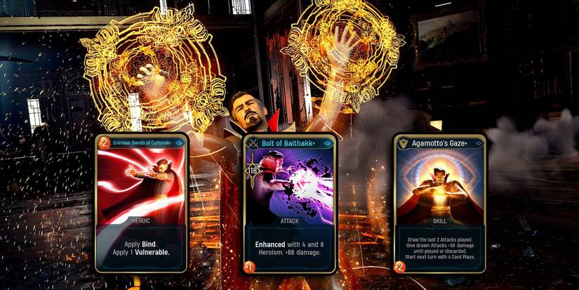 Marvel Midnight Suns - Dr Strange's Best Card Upgrades Over Image OF Strange Using Magic In-Game